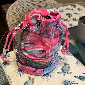 Pink Patterned Clear Drawstring Cosmetic Bag